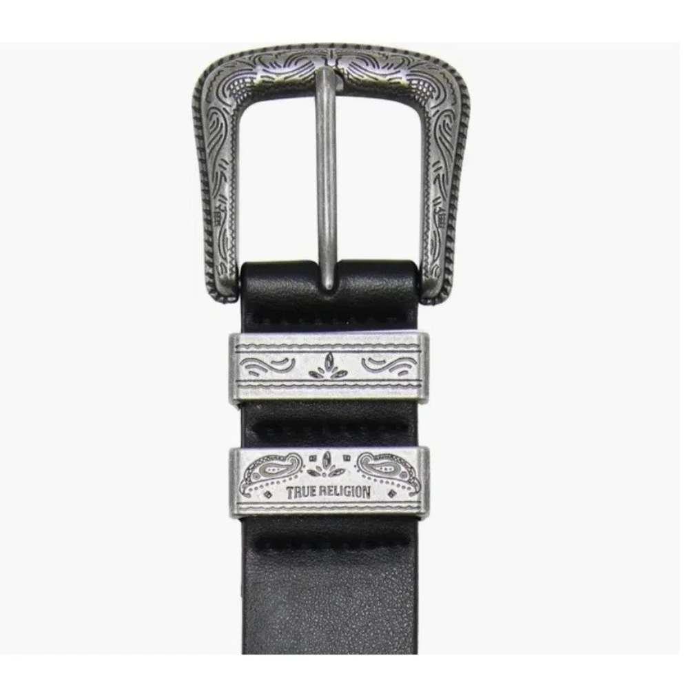 True Religion Palomo Western Belt Black‎ Croc Embossed Silver Buckle Size 36 NWT